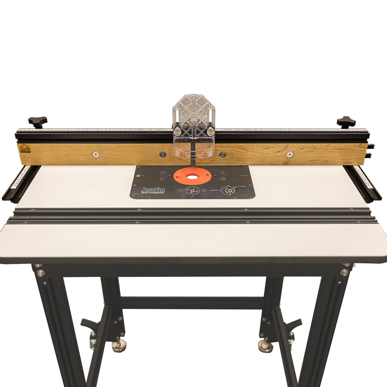 Front-on view of router table setup with Mast-R-Fence III installed